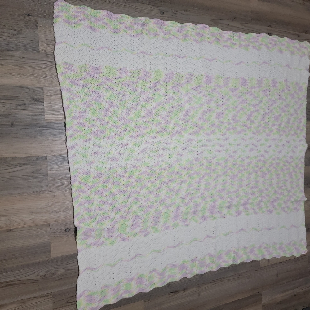 Handmade Crochet Afghan Blanket Throw 63" x 51" Green Pink Yellow White Pastels